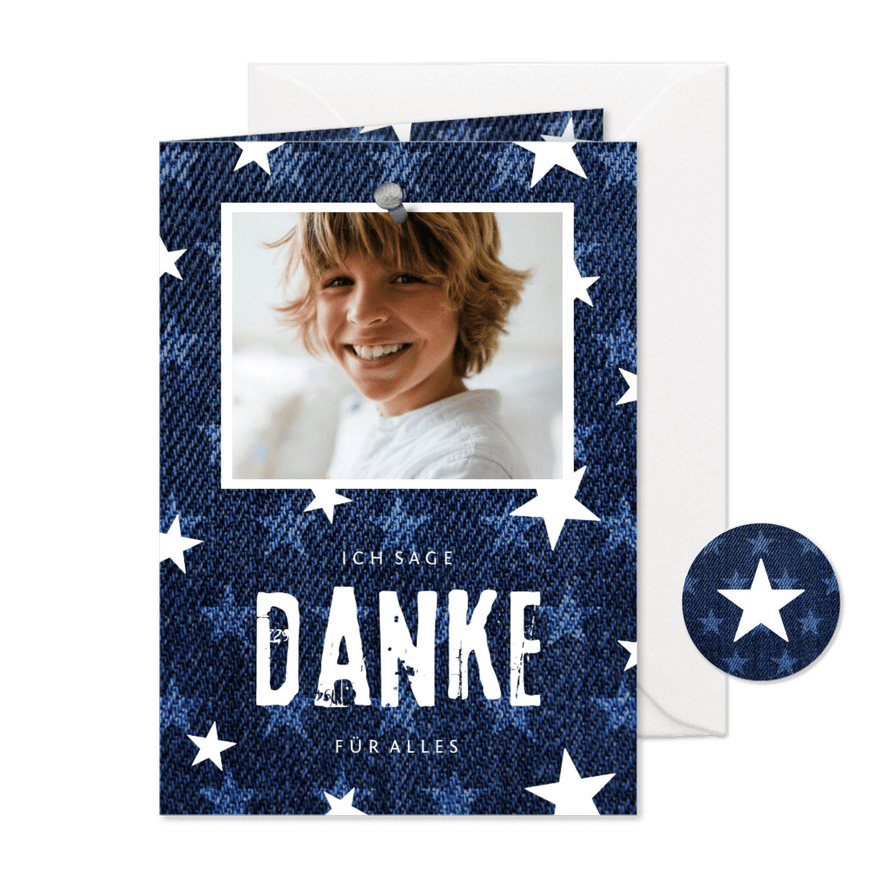 Danksagung Kommunion Foto und Sterne auf Denim - Karteneindruck
