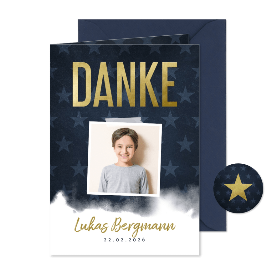 Danksagung Kommunion Foto, Wasserfarbe und Sterne - Karteneindruck
