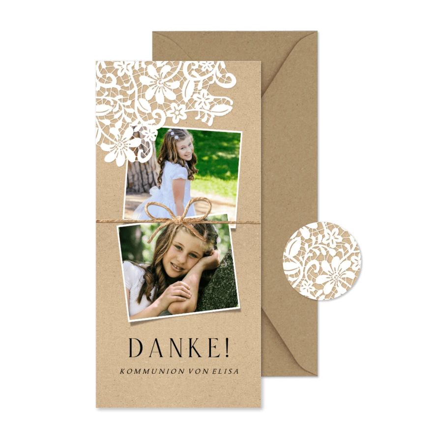 Danksagung Kommunion Fotocollage & Spitze - Karteneindruck
