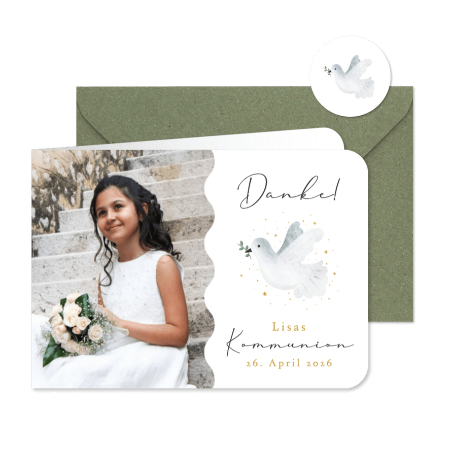 Danksagung Kommunion Fotokarte weiße Taube Sternchen - Karteneindruck