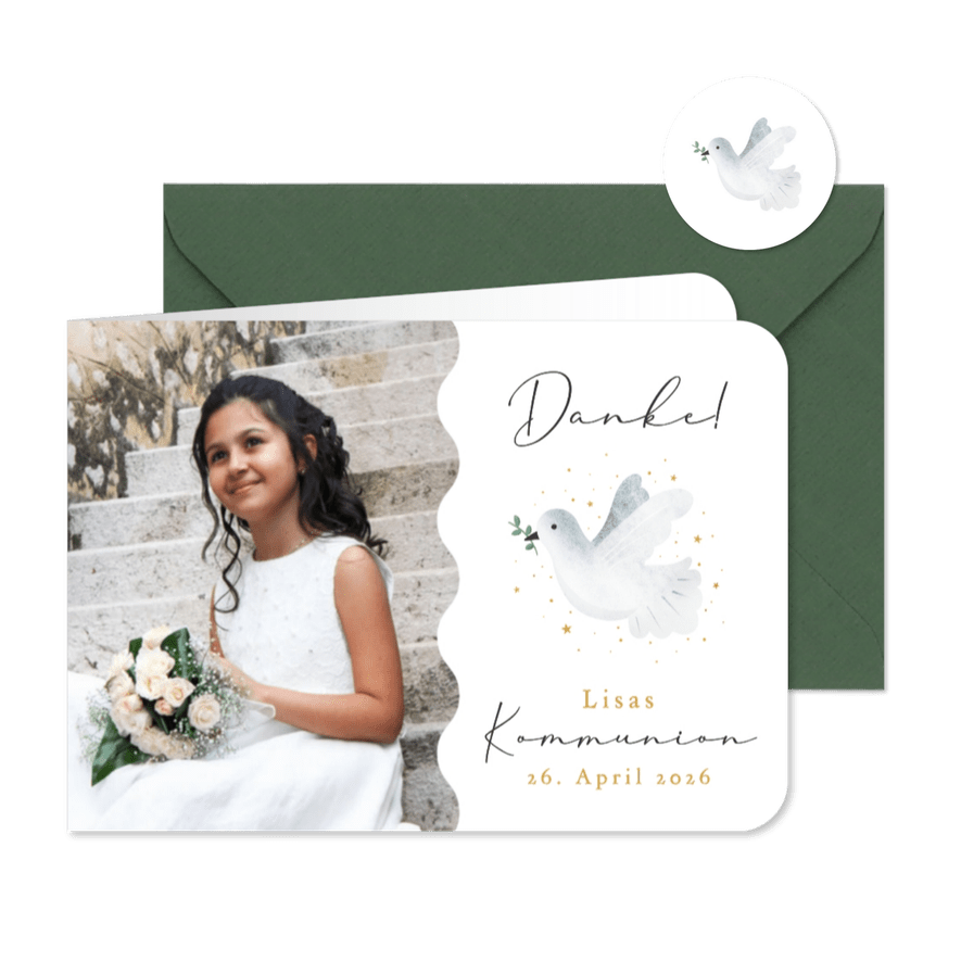 Danksagung Kommunion Fotokarte weiße Taube Sternchen - Karteneindruck