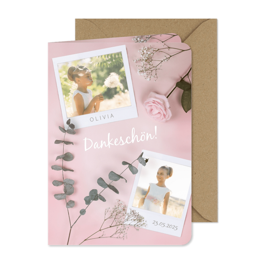 Danksagung Kommunion Fotos & Blumenzweige - Karteneindruck