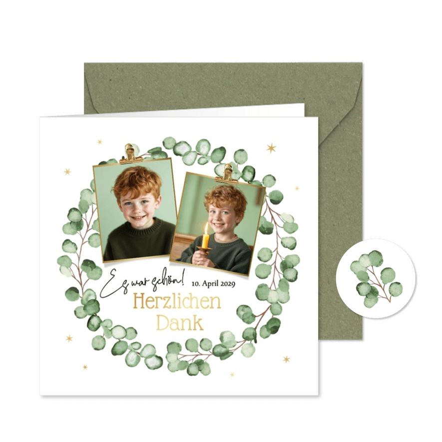 Danksagung Kommunion Fotos & Kranz aus Eukalyptus - Karteneindruck
