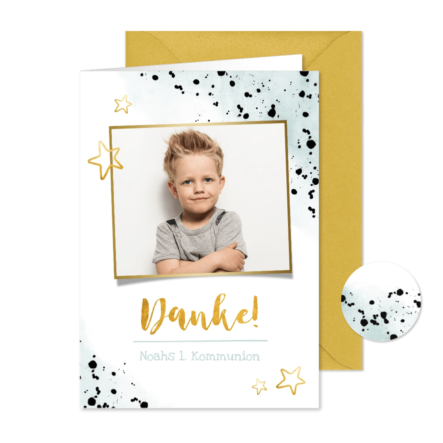 Danksagung Kommunion Goldlook blau mit Foto & Wasserfarbe - Karteneindruck
