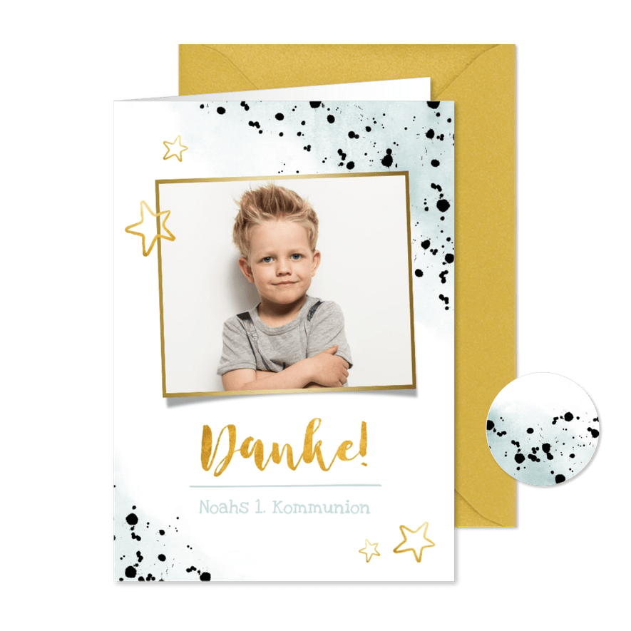 Danksagung Kommunion Goldlook blau mit Foto & Wasserfarbe - Karteneindruck