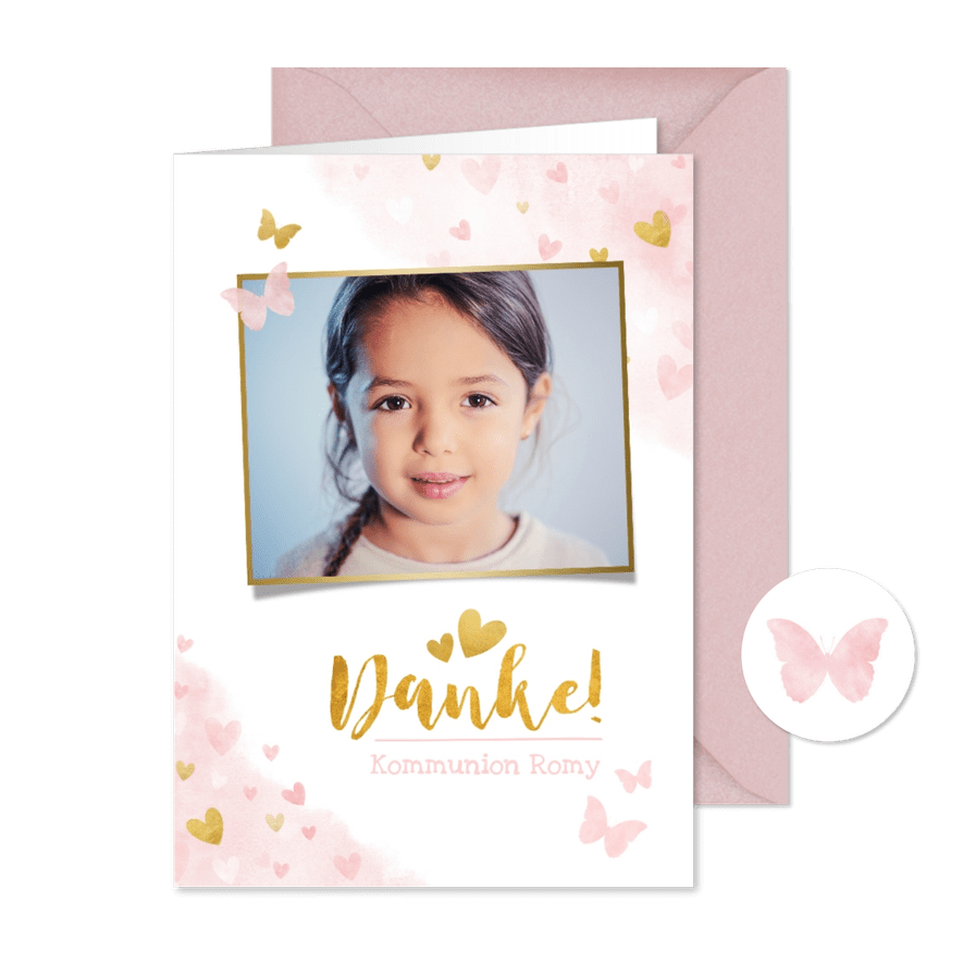 Danksagung Kommunion Goldlook rosa mit Foto & Wasserfarbe - Karteneindruck
