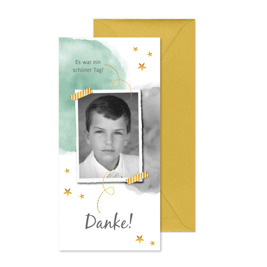 Danksagung Kommunion grüngraue Wasserfarbe & Foto - Karteneindruck
