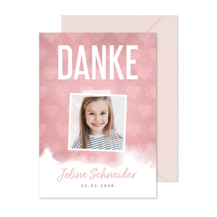 Danksagung Kommunion mit Foto, Herzen und Wasserfarbe - Karteneindruck
