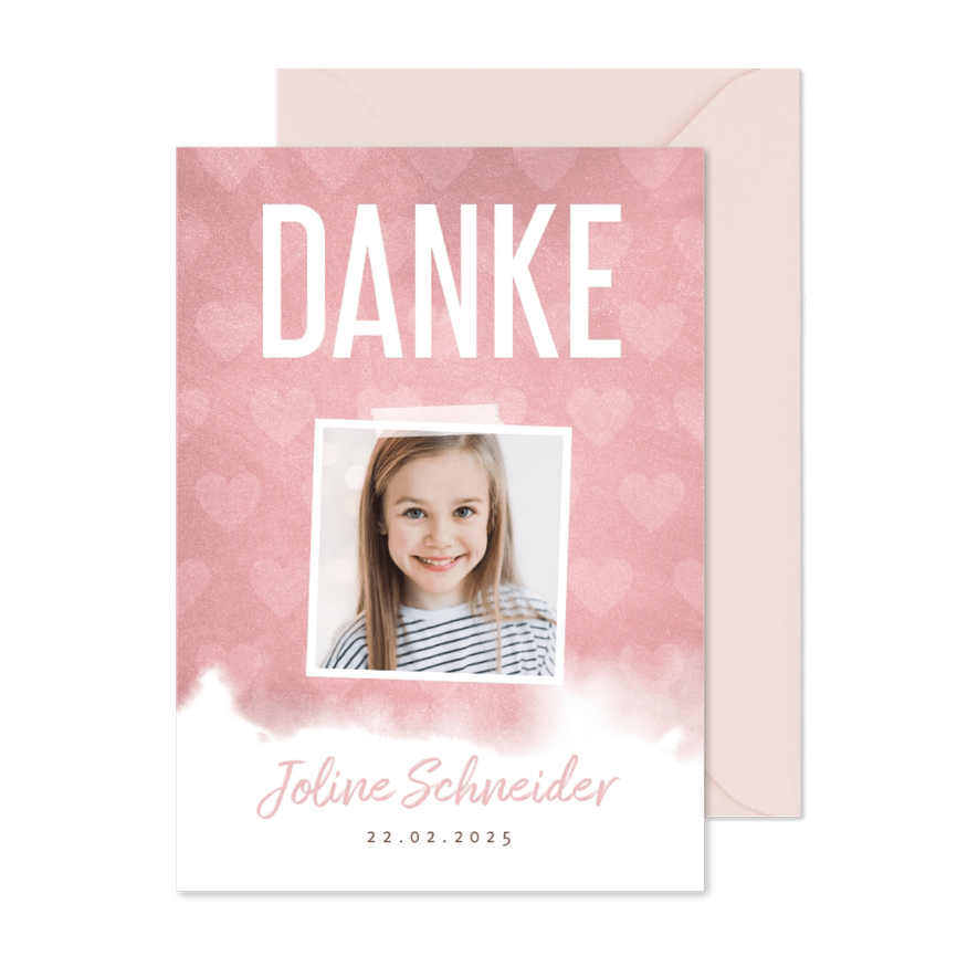 Danksagung Kommunion mit Foto, Herzen und Wasserfarbe - Karteneindruck