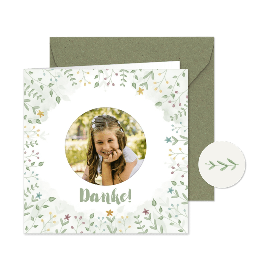 Danksagung Kommunion mit Zweigen und Blumen - Karteneindruck
