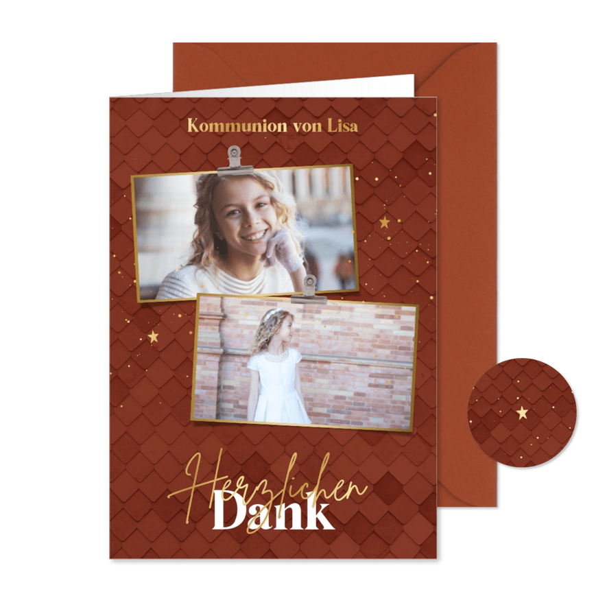 Danksagung Kommunion rostbraun, Fotos & Gold - Karteneindruck