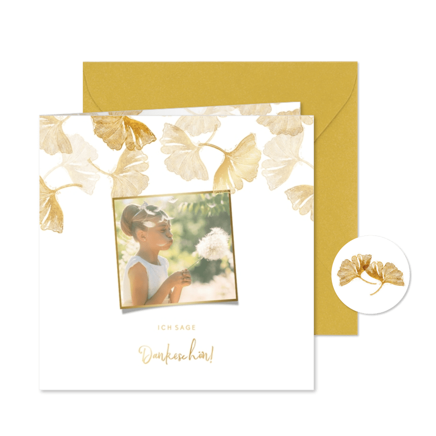 Danksagung Kommunion weiß mit Foto & Ginkgoblätter Stempel - Karteneindruck