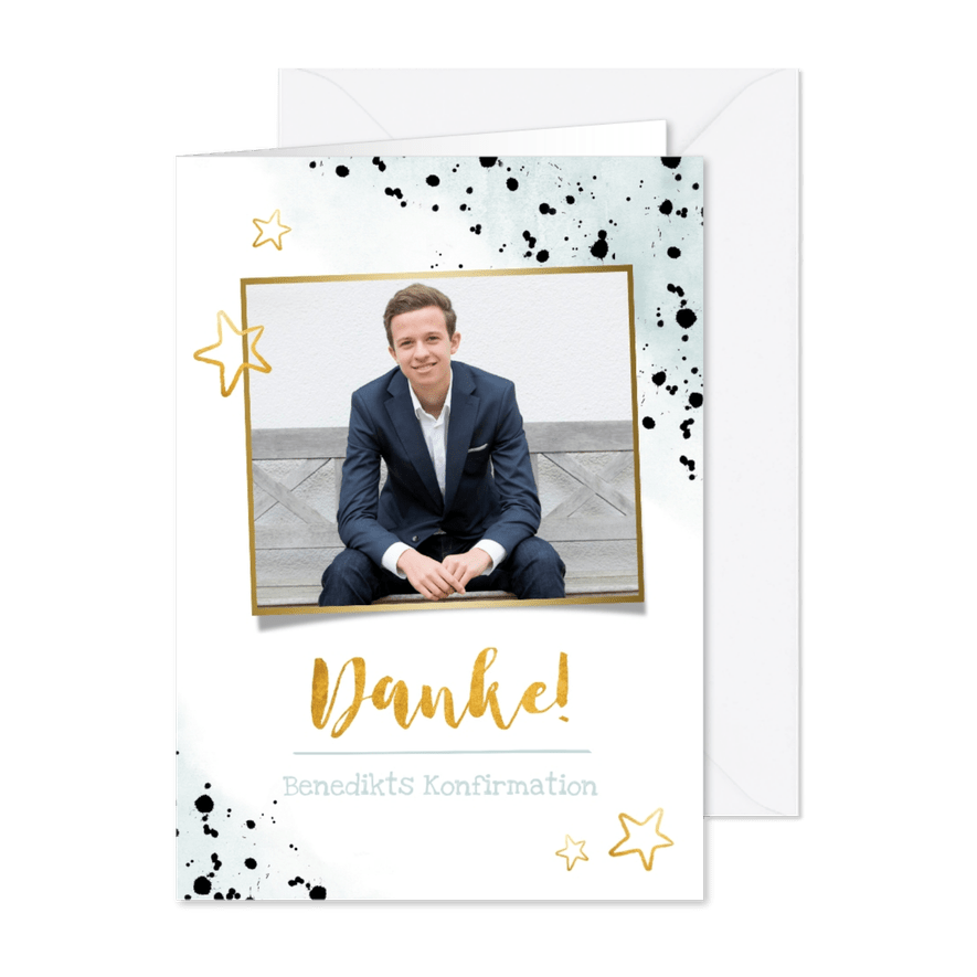 Danksagung Konfirmation Aquarelllook, Foto und Sterne - Kartenvorschau