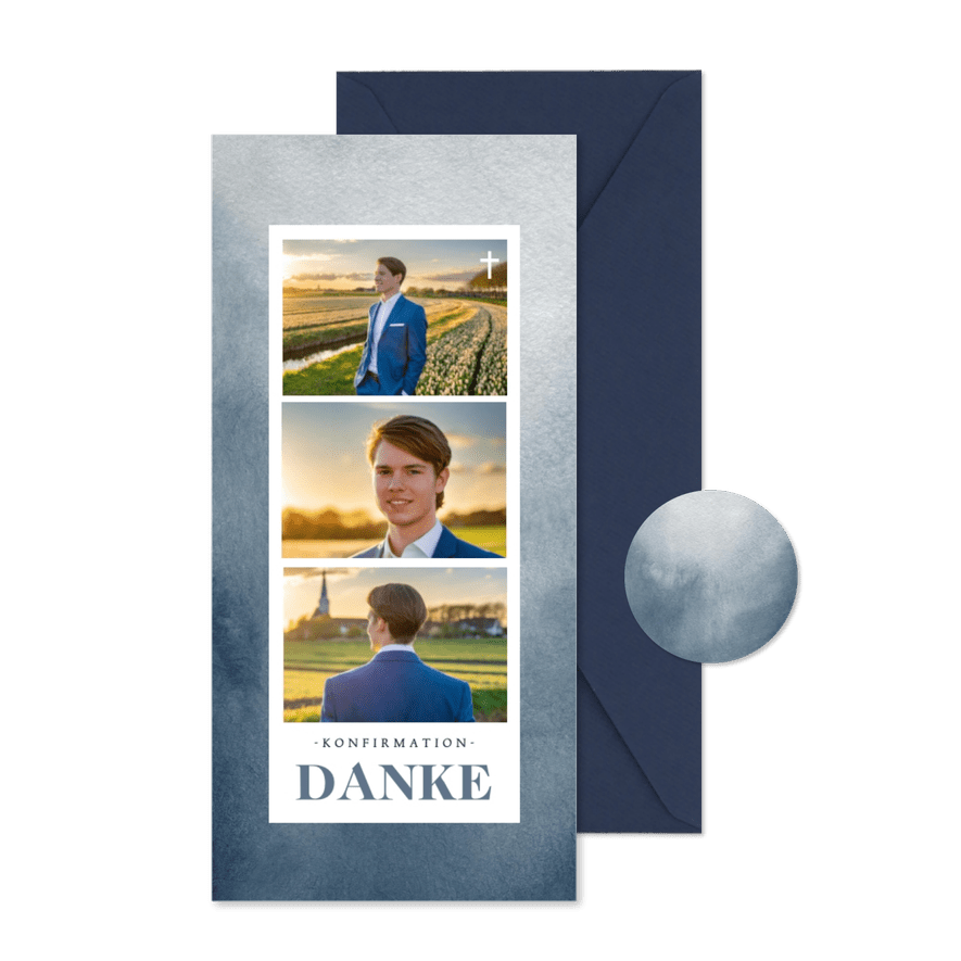 Danksagung Konfirmation blaues Aquarell mit Fotos - Karteneindruck

