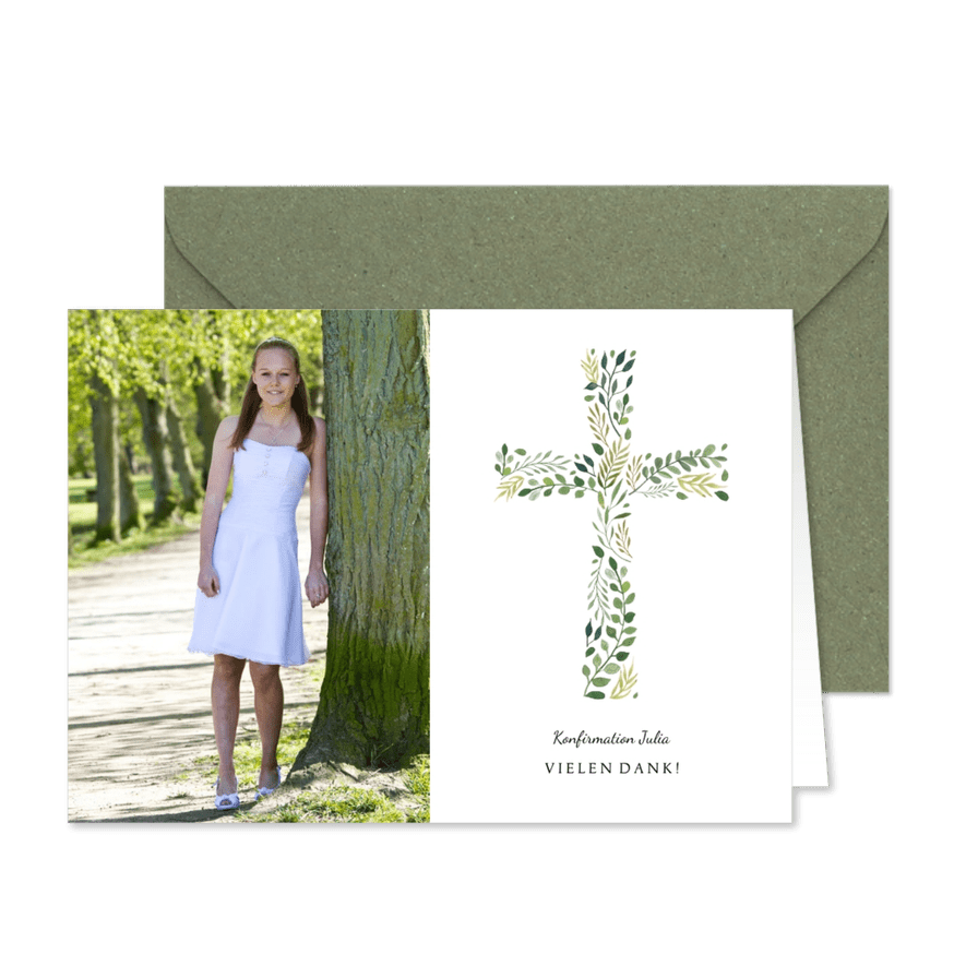 Danksagung Konfirmation botanisches Kreuz und Foto - Karteneindruck