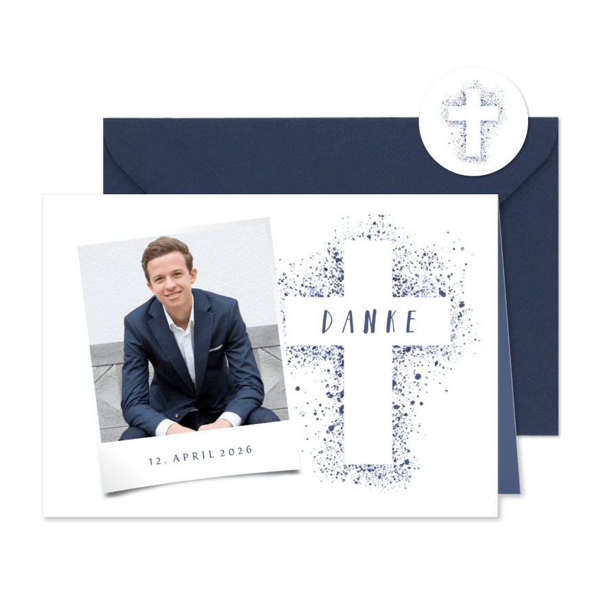 Danksagung Konfirmation eigenes Foto Kreuz Farbspritzer blau - Karteneindruck