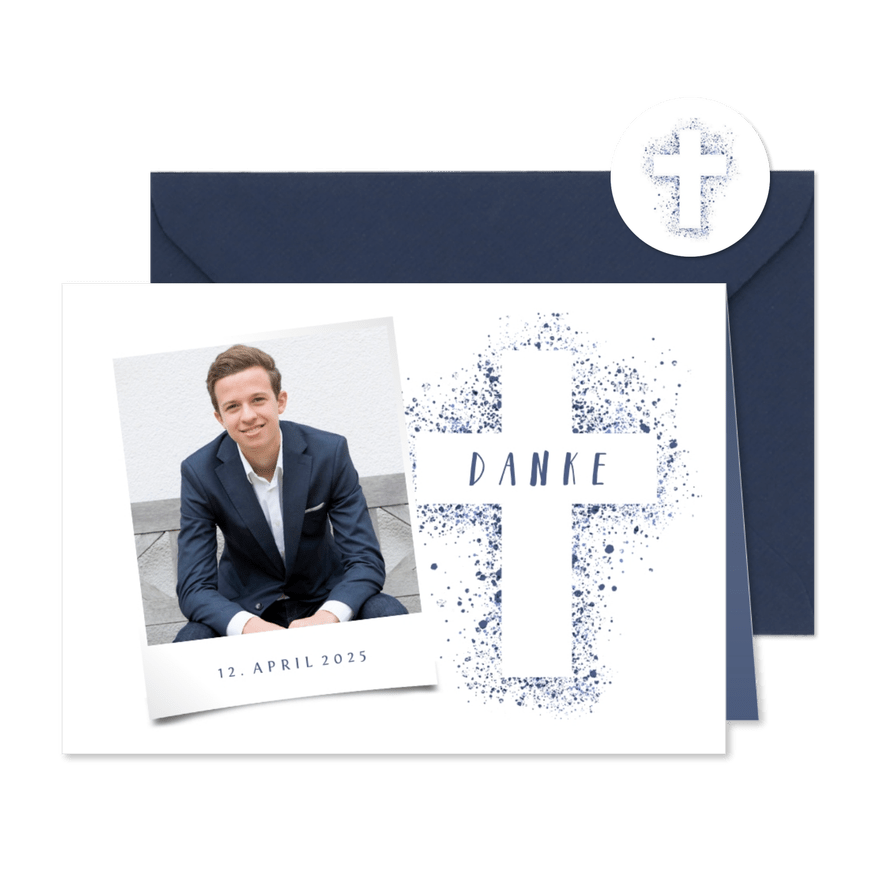 Danksagung Konfirmation eigenes Foto Kreuz Farbspritzer blau - Karteneindruck
