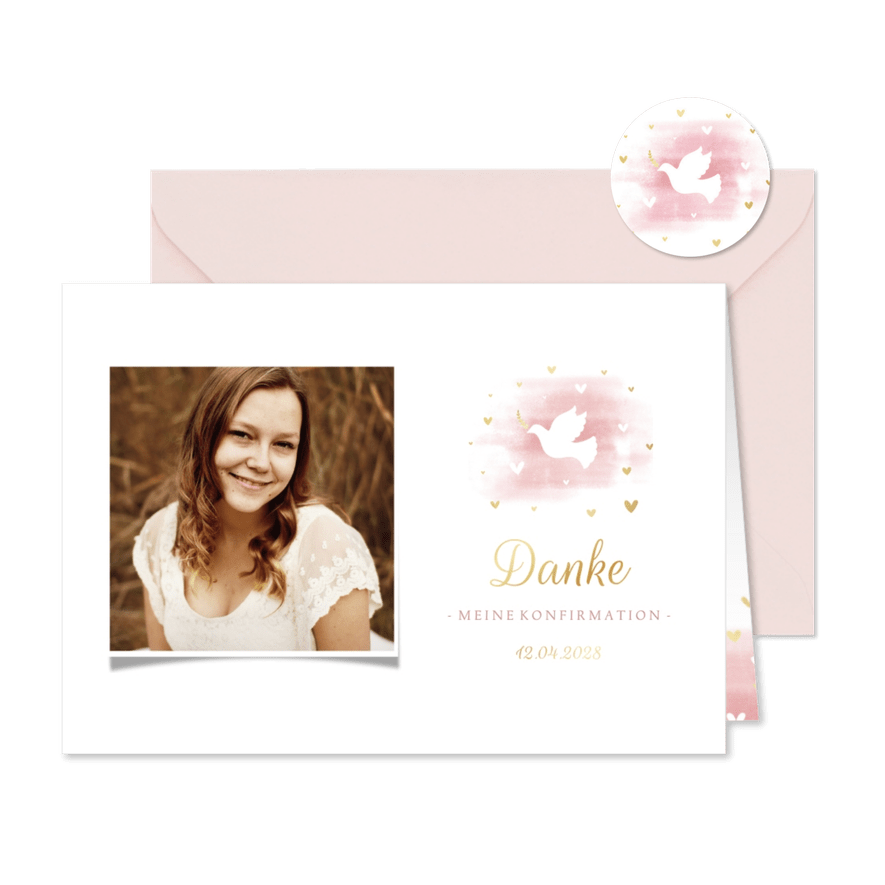 Danksagung Konfirmation Foto, Taube und Herzen - Karteneindruck

