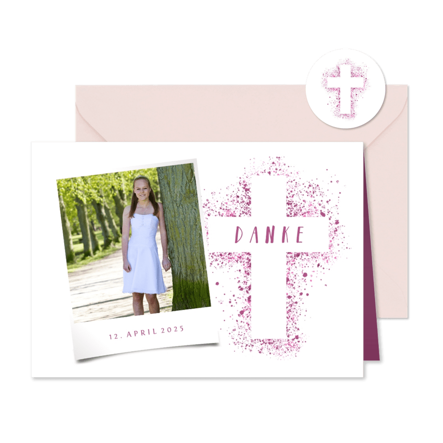 Danksagung Konfirmation Foto und Kreuz Farbspritzer pink - Karteneindruck