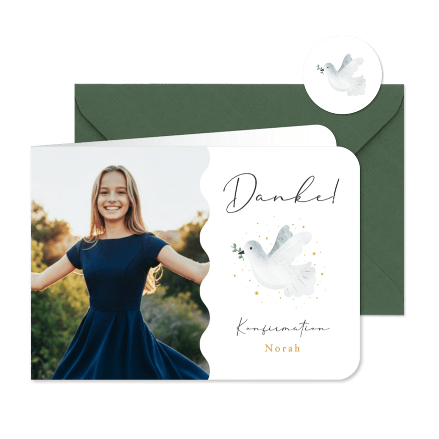 Danksagung Konfirmation Foto & Taube mit Zweig - Karteneindruck
