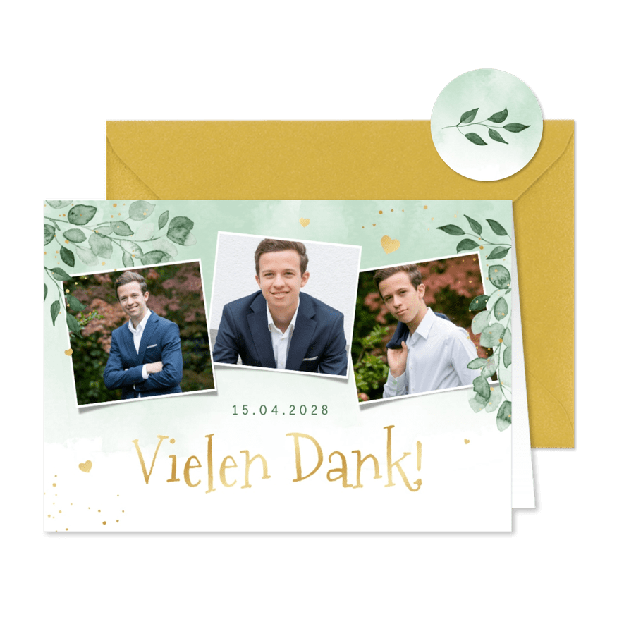 Danksagung Konfirmation Fotos, Aquarell & Gold - Karteneindruck
