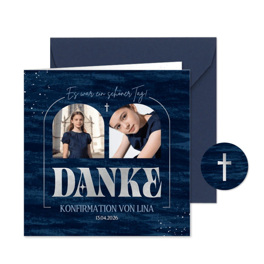 Danksagung Konfirmation Fotos dunkelblaue Pinselstriche - Kartenvorschau

