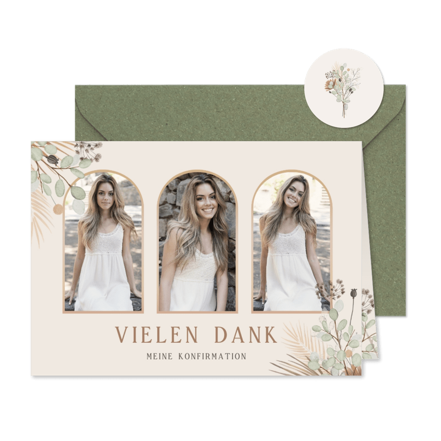 Danksagung Konfirmation Fotos & Gesteck aus Trockenblumen - Karteneindruck