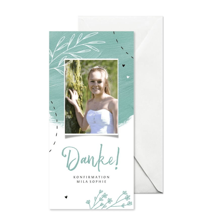 Danksagung Konfirmation mit Foto, Farbklecksen und Blumen - Karteneindruck
