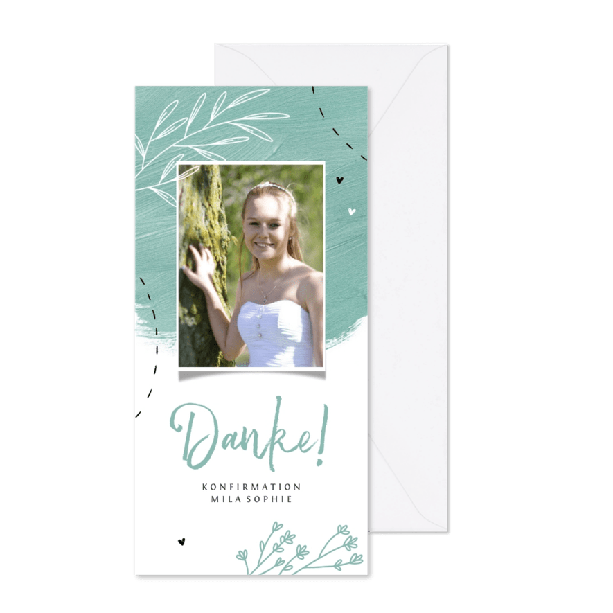 Danksagung Konfirmation mit Foto, Farbklecksen und Blumen - Kartenvorschau