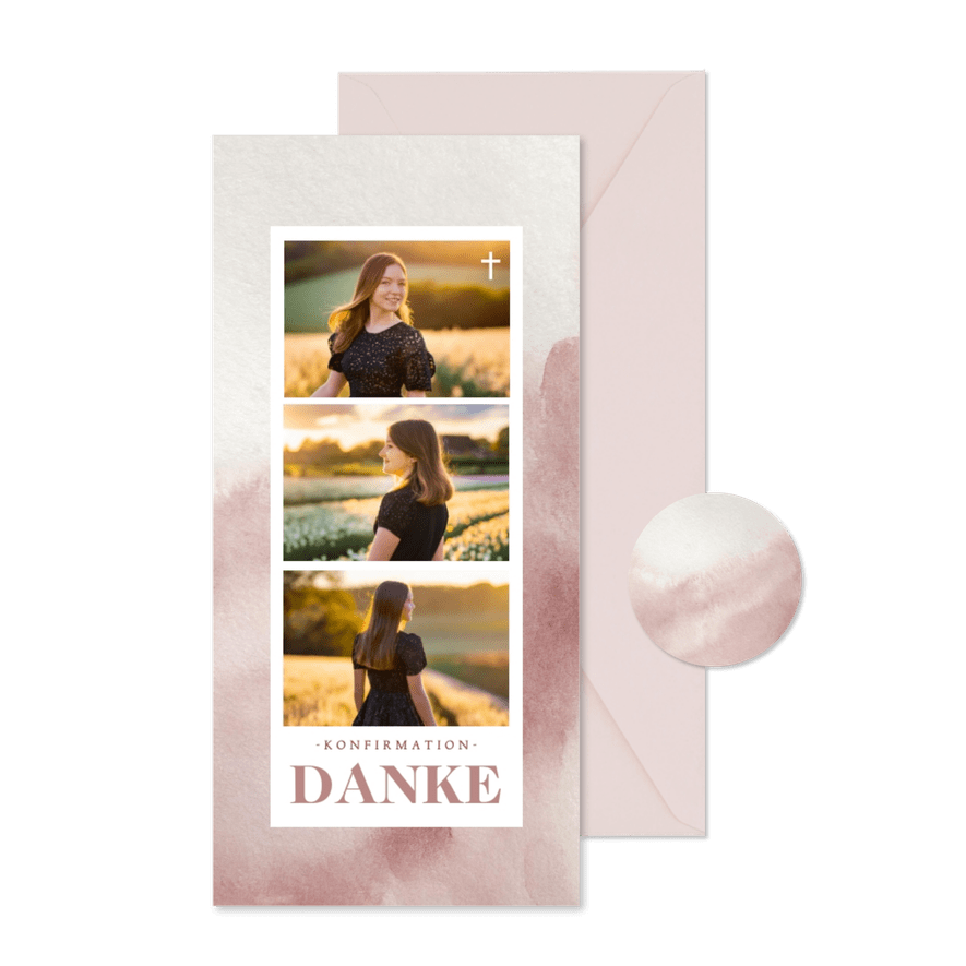 Danksagung Konfirmation rosa Aquarell mit Fotos - Kartenvorschau