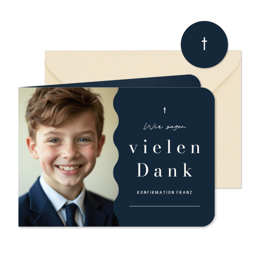 Danksagung Konfirmatonskarte mit Foto in dunkelblau - Kartenvorschau