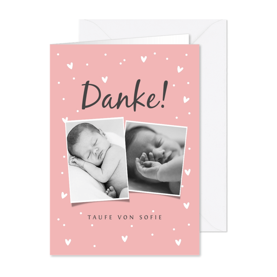 Danksagung rosa mit Fotos & Herzen - Karteneindruck
