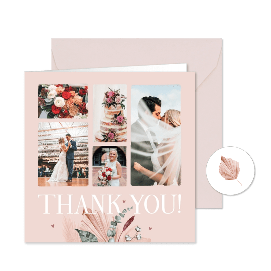 Danksagung rosé Fotocollage 'thank you' und Trockenblumen - Karteneindruck
