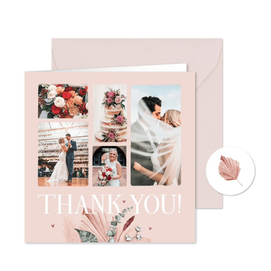 Danksagung rosé Fotocollage 'thank you' und Trockenblumen - Karteneindruck