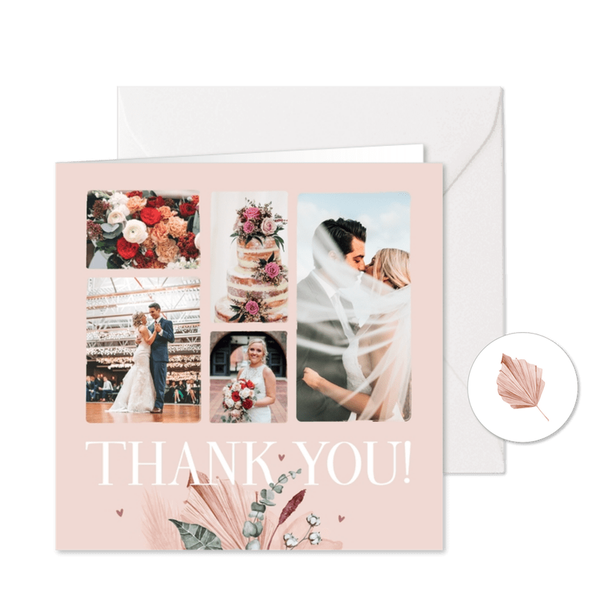 Danksagung rosé Fotocollage 'thank you' und Trockenblumen - Karteneindruck
