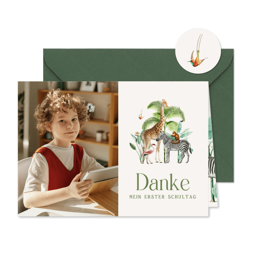 Danksagung Schulanfang Foto & Dschungeltiere - Karteneindruck
