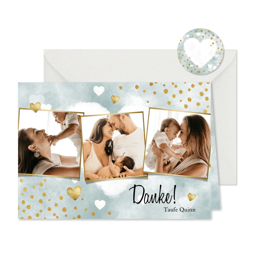 Danksagung Taufe Aquarell blau Fotos, Punkte und Herzen - Karteneindruck