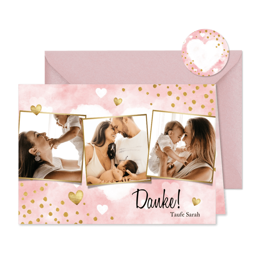 Danksagung Taufe Aquarell rosa Fotos, Punkte und Herzen - Karteneindruck