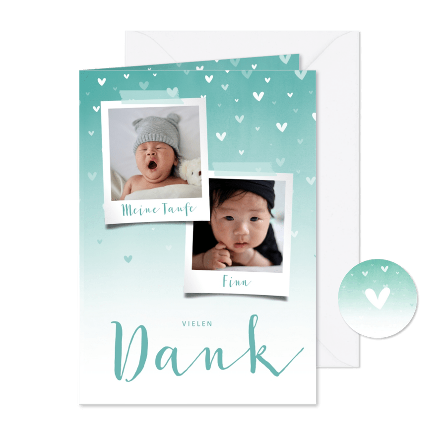 Danksagung Taufe blau Fotos & zuckersüße Herzen - Karteneindruck