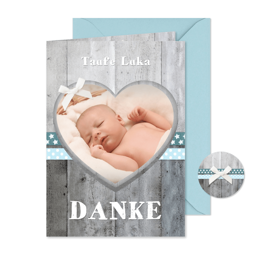 Danksagung Taufe blaue Bänder, Holzlook & Foto - Kartenvorschau
