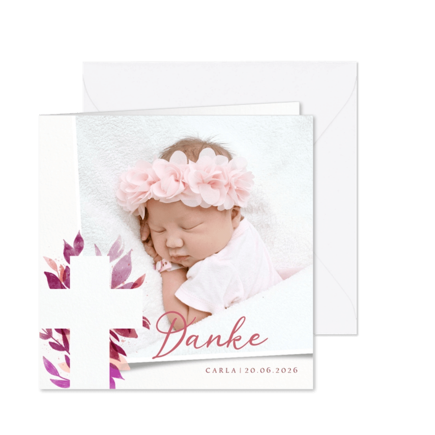 Danksagung Taufe florales Kreuz pink - Kartenvorschau