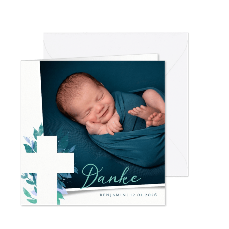 Danksagung Taufe florales Kreuz - Karteneindruck