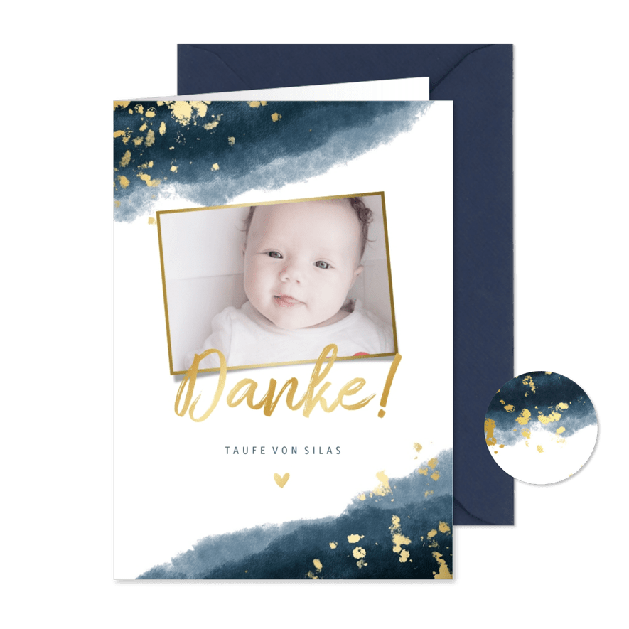 Danksagung Taufe Foto Aquarell dunkelblau - Karteneindruck
