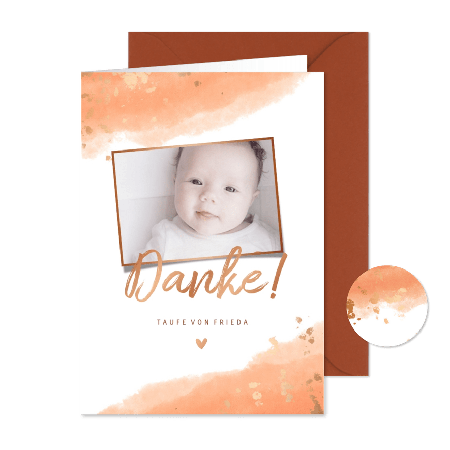 Danksagung Taufe Foto Aquarell lachsrosa - Karteneindruck
