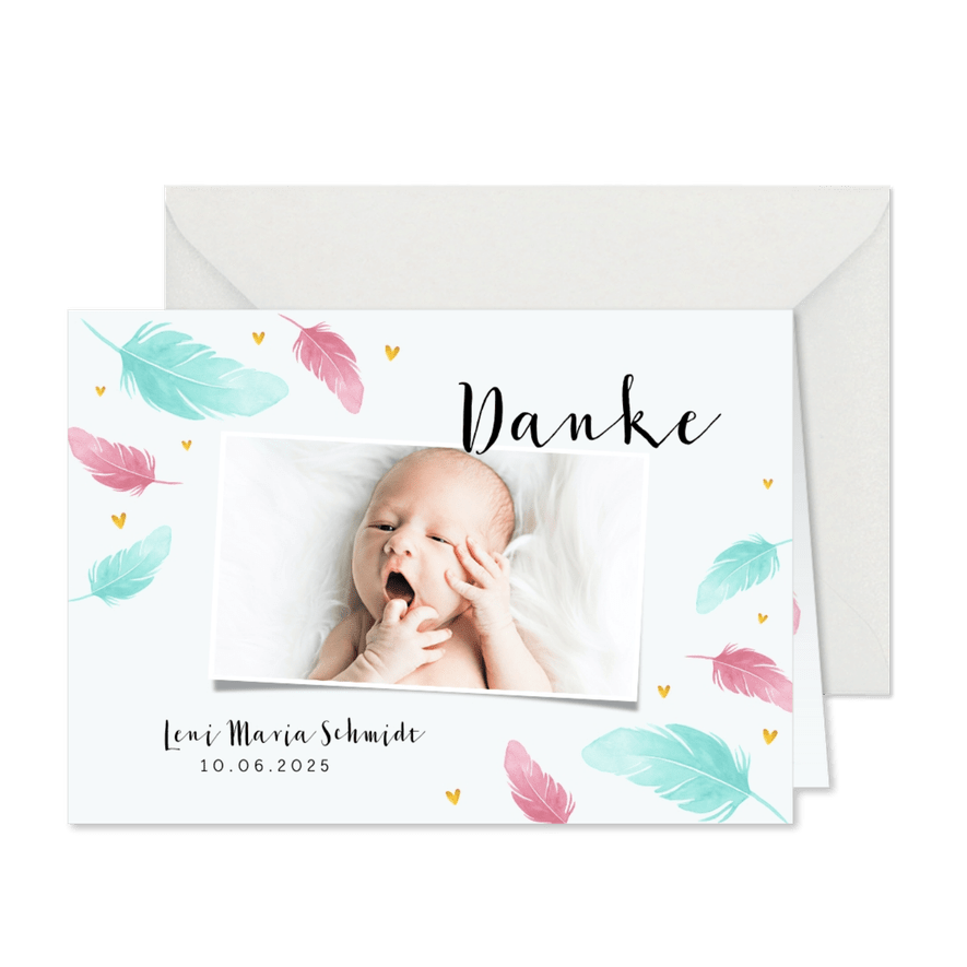 Danksagung Taufe Foto & Federn in rosa und blau - Karteneindruck
