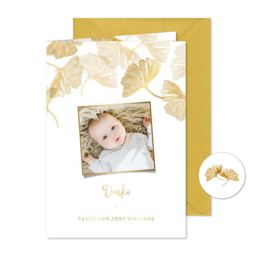 Danksagung Taufe Foto & Ginkgo Stempel - Karteneindruck