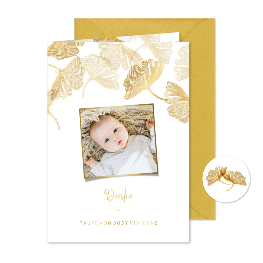 Danksagung Taufe Foto & Ginkgo Stempel - Karteneindruck