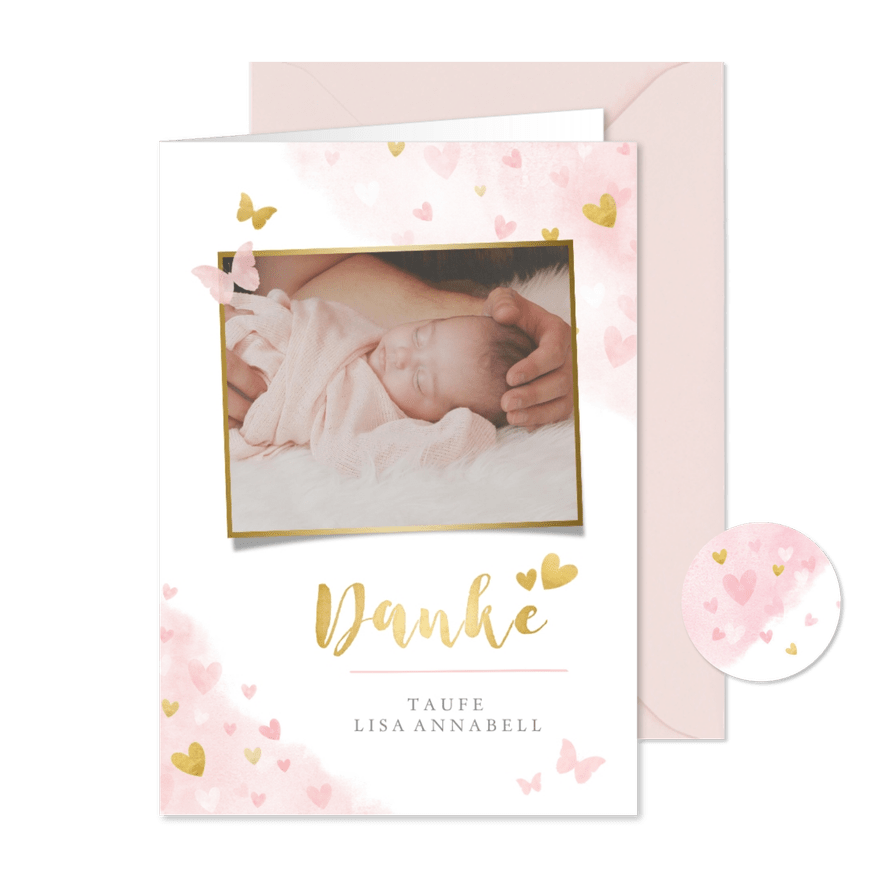 Danksagung Taufe Foto & Herzen auf Aquarell - Karteneindruck
