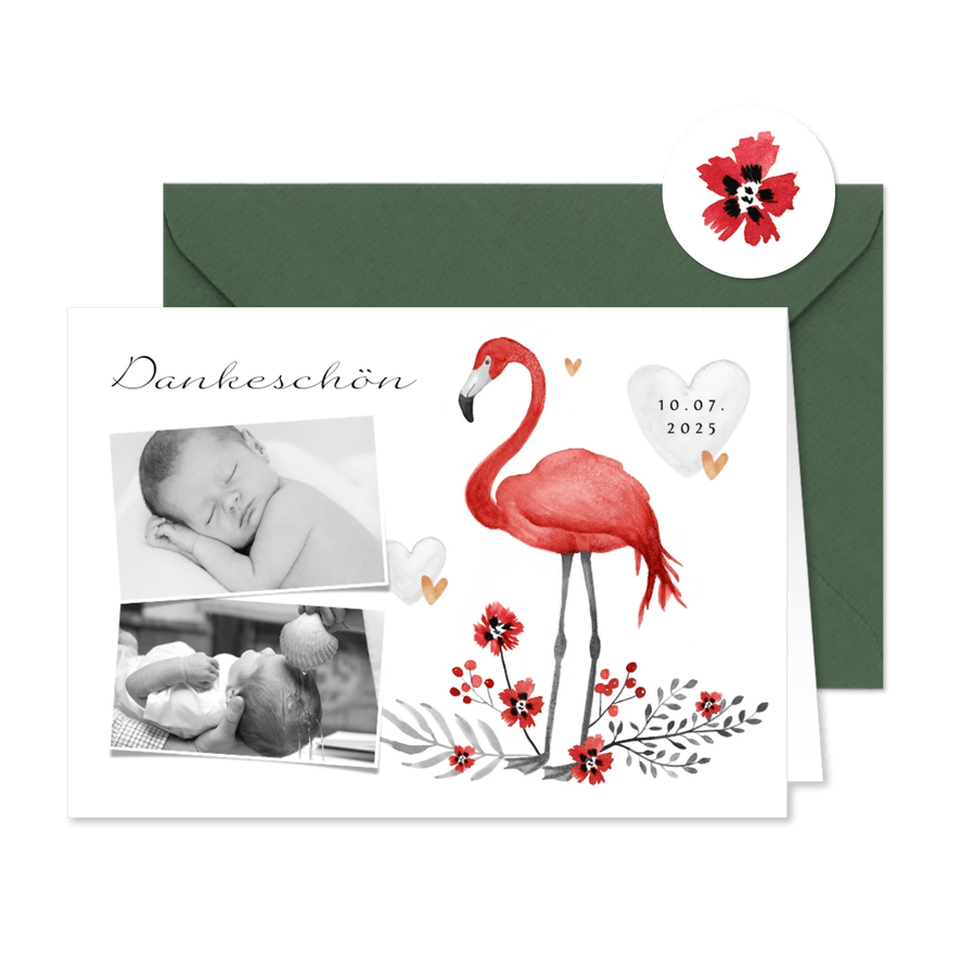 Danksagung Taufe Fotos, Flamingo und Herzen - Karteneindruck
