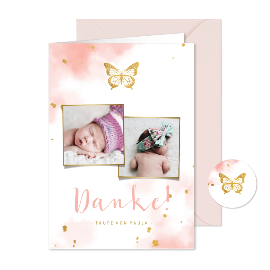 Danksagung Taufe Fotos goldener Schmetterling - Karteneindruck